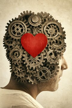 Profile of a head filled with complex layered cogs and gears, and a central red heart