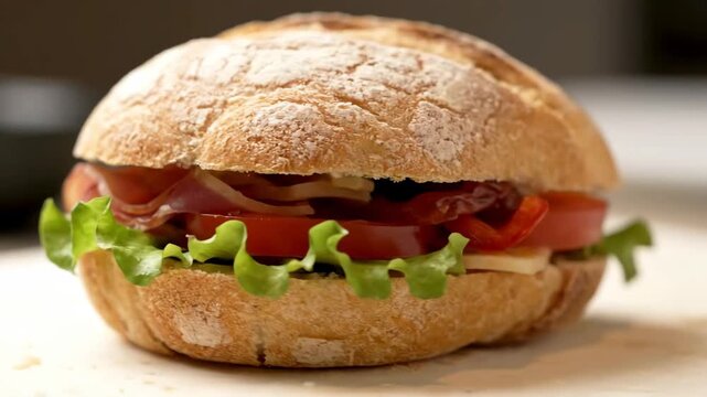 Appetizing close-up shot of a fresh rustic bread roll sandwich filled with prosciutto, tomato, lettuce, and onions, perfect for a quick lunch or deli snack.