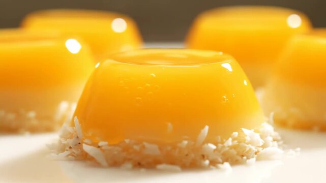 Bright orange mango or passion fruit gelatin pudding (Panna Cotta) with a coconut base, glistening on a white serving dish, perfect for gourmet dessert concepts.