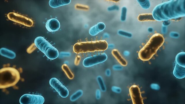 Microscopic 3D illustration of healthy gut bacteria and microorganisms floating in a clean intestinal tract showing blue and gold probiotic cells