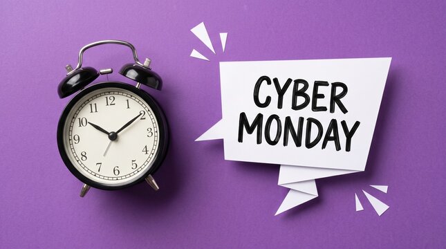 Black alarm clock and white speech bubble with cyber monday text on a purple background surface with clock sits