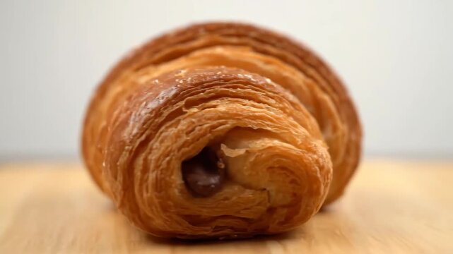 Close-up of a freshly baked, glossy chocolate croissant (pain au chocolat) resting on a wooden cutting board, highlighting the flaky texture and rich filling.