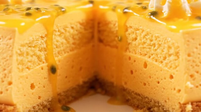 Close-up macro shot of a vibrant passion fruit mousse cake slice with glossy glaze and visible spongy layers on a white background. Delicious gourmet tropical dessert pastry.