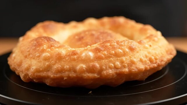Close-up rotating shot of golden brown deep-fried pastry dough, showcasing the crispy, bubbly texture of the fresh donut or fritter on a black plate.