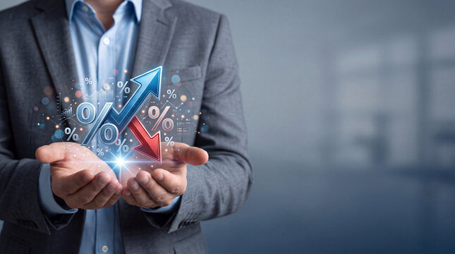 Professional businessman holding holographic percentage icons with rising blue and falling red arrows, representing financial market fluctuations, interest rate changes, and banking investment.