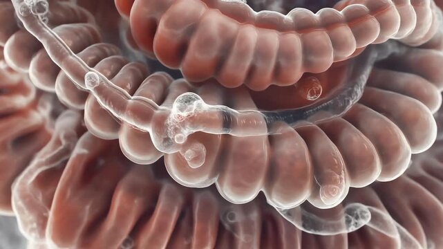 Detailed 3D Medical Illustration of Parasitic Worms Inside the Human Intestinal Tract and Gut Lining
