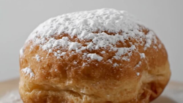 Extreme Close-up of Golden Fried Doughnut or Berliner Pastry Dusted Heavily with Powdered Sugar, Sweet Dessert Treat