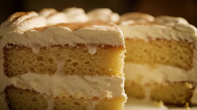 Close-up of Moist Tres Leches Cake Slice Soaked in Milk and Topped with Whipped Cream and Cinnamon Powder, with Warm Bokeh Lights in the Background.