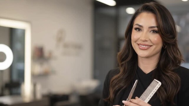 Professional female hairstylist holding scissors and comb inside modern salon
