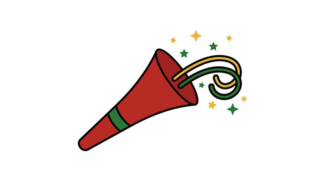 Party Horn Noise Maker Vector Illustration with Streamers and Confetti Stars