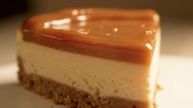 Close-up of Decadent Caramel Cheesecake Slice with Creamy Filling and Crumbly Biscuit Crust, Showing Rich Layered Texture in Appetizing Food Shot