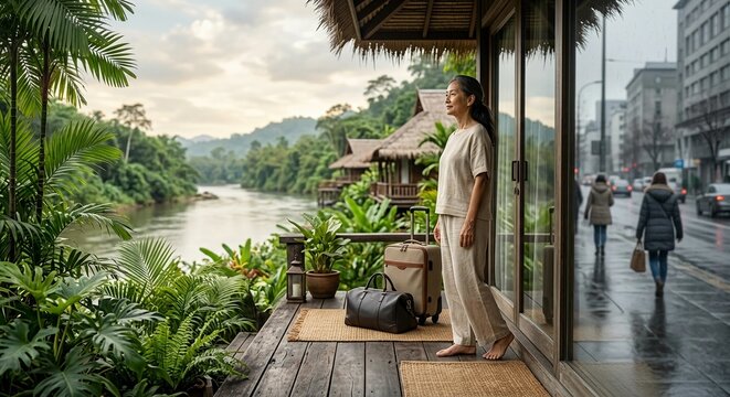 Woman standing on balcony of tropical jungle resort overlooking river with urban city street reflected in window glass surreal travel concept