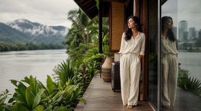 Thoughtful Asian woman standing on wooden balcony of luxury riverside resort enjoying serene mountain landscape view