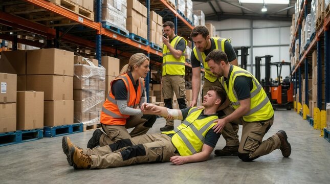 Warehouse Workers Assist Injured Colleague After Accident, First Aid Administered