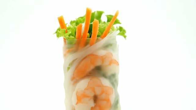 Close-up of Fresh Vietnamese Spring Roll (Gỏi Cuốn) Filled with Lettuce and Carrots, Isolated on a Clean White Background