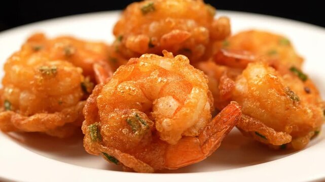 Delicious golden crispy fried shrimp fritters (pakora or tempura style) piled high on a white plate, close-up macro food photography