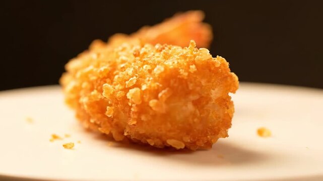 Macro shot of crispy deep-fried golden brown shrimp (Ebi Fry) coated in panko breadcrumbs, resting on a white plate with a dark, moody background.