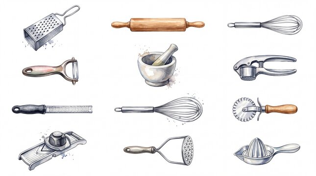 Watercolor kitchen utensils collection set on white background