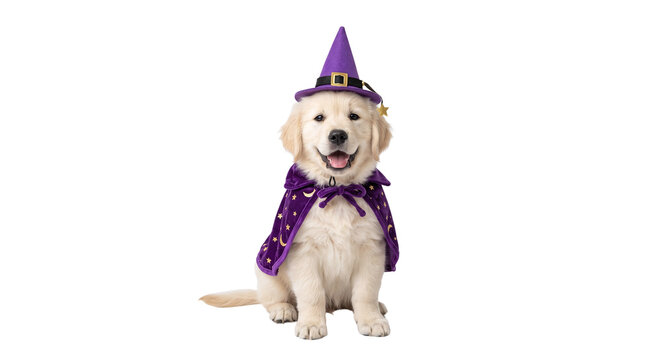Golden retriever puppy wearing purple wizard hat and cape