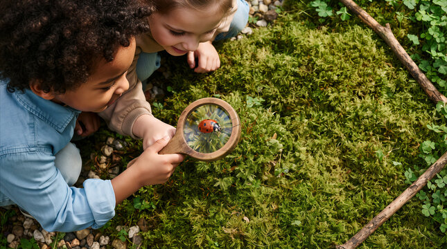 Children observing ladybug with magnifying glass on vibrant green moss outdoors, promoting nature exploration and early education.