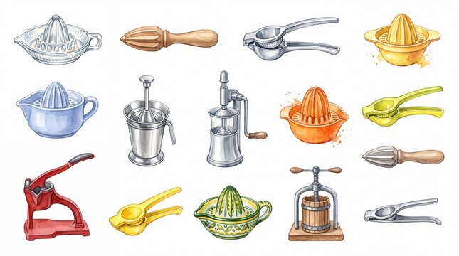 Kitchen utensils collection of manual citrus juicers and squeezers