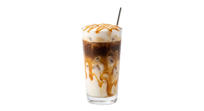 Iced caramel macchiato coffee drink with metal straw