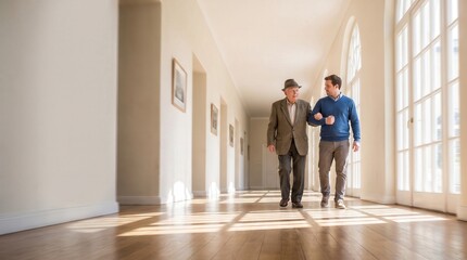 Fototapeta premium Senior man walking with a young male caregiver in a bright hallway, capturing compassion and support for geriatric healthcare marketing and retirement home services.