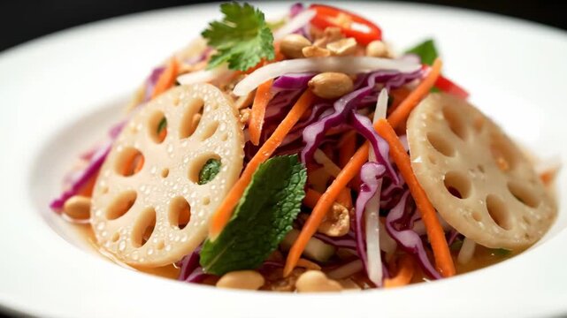 Vibrant Vietnamese Lotus Root Salad (Goi Sen) garnished with fresh herbs, peanuts, shredded carrots, and red cabbage, served on a white plate.