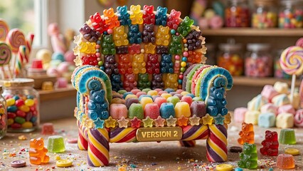 Fototapeta premium Gummy Bear Chair An imaginative armchair made entirely of colorful gummy bears, candies, lollipops, and sweets inside a candy shop bears candies lollipops illustration background composition
