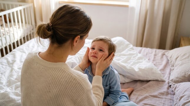 Mother comforting her crying toddler son on a bed in a bright bedroom, featuring emotional empathy and gentle support for family counseling, child psychology, and maternal healthcare.