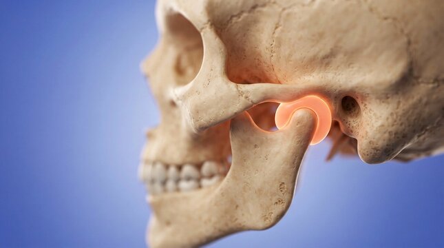 Temporomandibular joint (TMJ) highlighted on human skull against blue background for anatomical study and medical education.