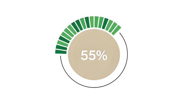 Circular progress bar element with green segments and fifty five percent center display isolated on a transparent background