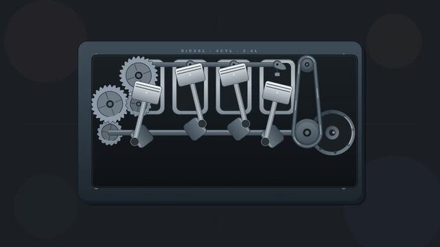 Precision animation showing the internal mechanism of a 4-cylinder diesel engine: crankshaft driving pistons, connecting rods, gear train, camshaft, followers and flywheel