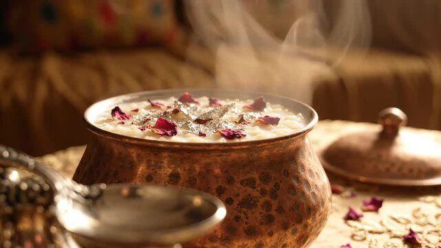Traditional Indian rice kheer dessert steaming in a hammered copper pot garnished with edible silver leaf and red rose petals during festival celebration stock video clip.
