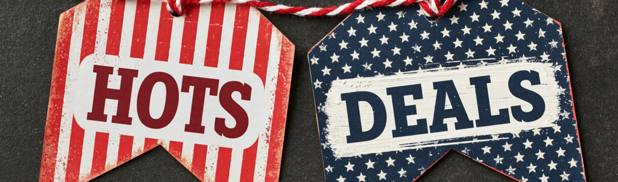 Hot Deals Banner: A festive red and white striped banner reads HOTS while a blue and white polka dot banner declares DEALS, suggesting a sale event.