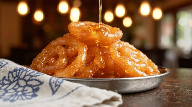 Macro close up video footage of traditional Indian jalebi dessert on a metal plate with sugar syrup drizzling down during diwali festival celebrations and cultural events.