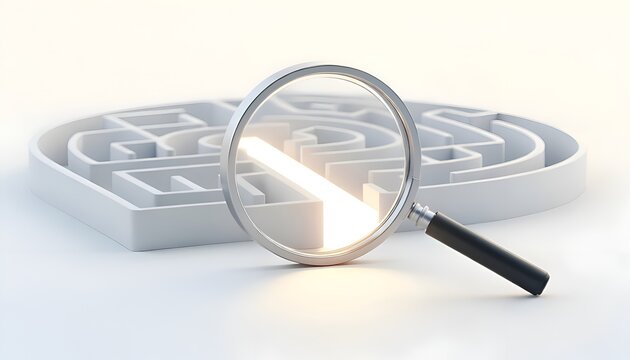 A silver magnifier glass focuses on a glowing path toward the target inside a complex white 3D maze, symbolizing business strategy, research, finding solutions, and clarity in problem-solving.