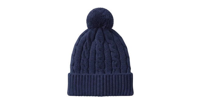 Blue knitted winter beanie hat with pompom