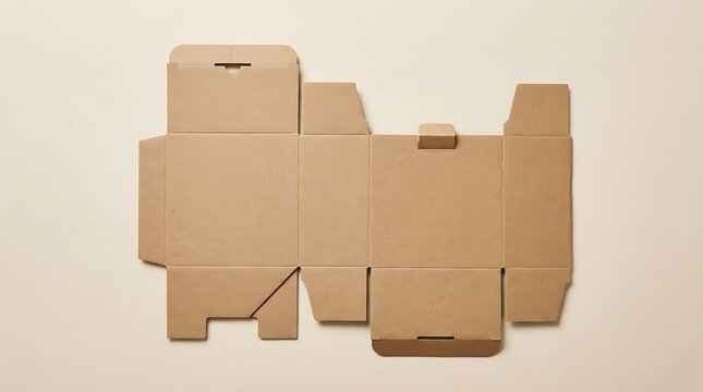 Overhead flat lay of an unassembled brown kraft cardboard box packaging template, showcasing its eco-friendly design for custom product shipping and storage solutions