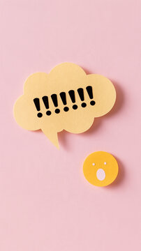 Surprise and Amazement: A bright yellow speech bubble filled with exclamation marks hovers above a startled yellow emoji, conveying shock, excitement, or disbelief.
