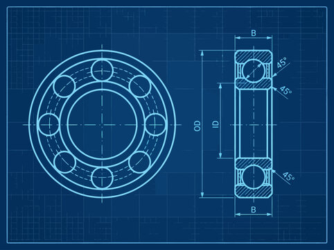 Blueprint technical drawing of a mechanical ball bearing engineering schematic diagram