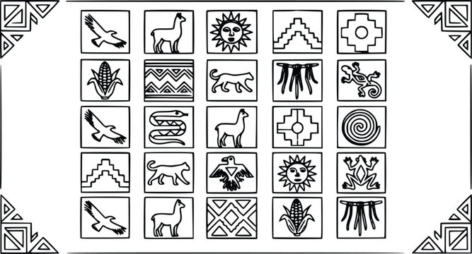 Ancient inca culture symbols arranged in a grid featuring detailed line art vector illustration for historic textile pattern design projects