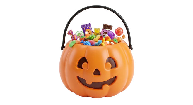 Halloween pumpkin bucket filled with assorted candies