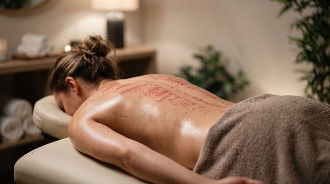 Traditional gua sha back scraping massager marks on relaxed woman lying on spa massage table
