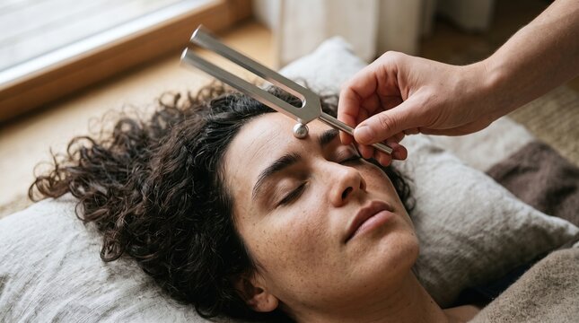 Sound healing therapy session using metallic tuning fork placed on forehead third eye chakra of lying woman