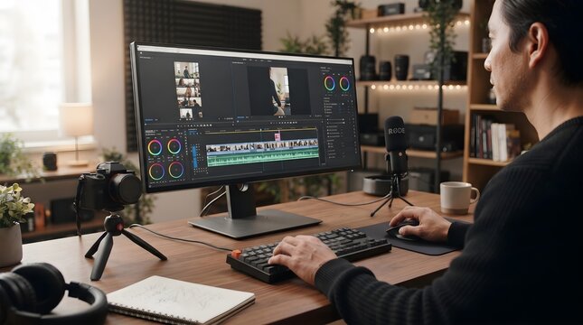 Content creator editing footage and color grading video on computer at desk