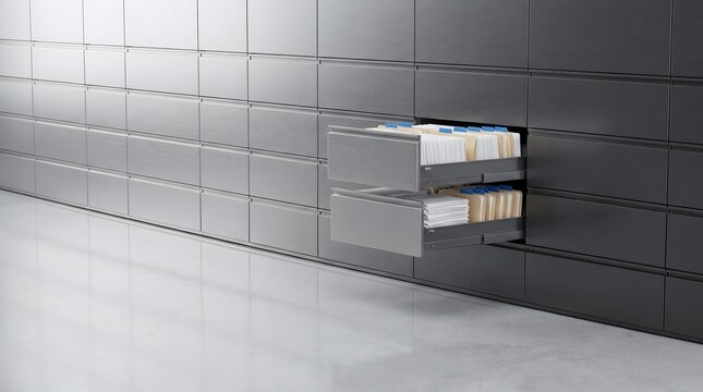 Modern filing cabinet with two open drawers filled with manila folders and documents clean office or archive storage concept.