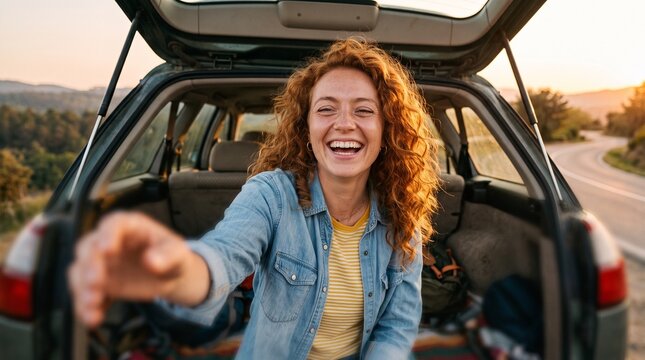 Selfie of a young woman with curly hair smiling in a denim jacket and striped shirt inside a car, sunlight on her face for a bright casual moment.