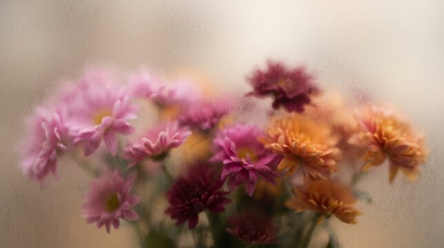 Smoke selected soft focus autumn chrysanthemum aster Flower through translucent matte frosted glass. Abstract natural blurred grain light fog background.