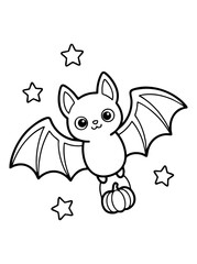 Fototapeta premium Happy Halloween bat with pumpkin flying for coloring page and kids activities